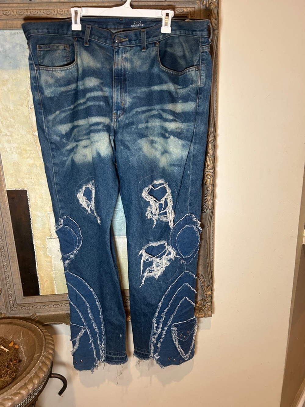 Men's Distressed Blue Jeans with Patchwork Detailing- Custom made jeans
